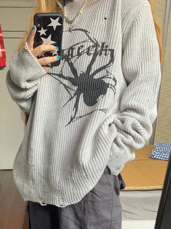 Stilla | Punk Ribbestrikket Sweatshirt med Trykt Edderkop