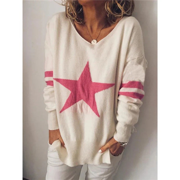 Stilla | Sweater Relaxed Fit Blødt Strik Stjerne Tryk Lange Ærmer