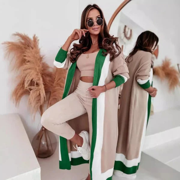 Stilla | Frakke Strikdesign Oversized Fit Åben Front Fuld Længde Bred Krave