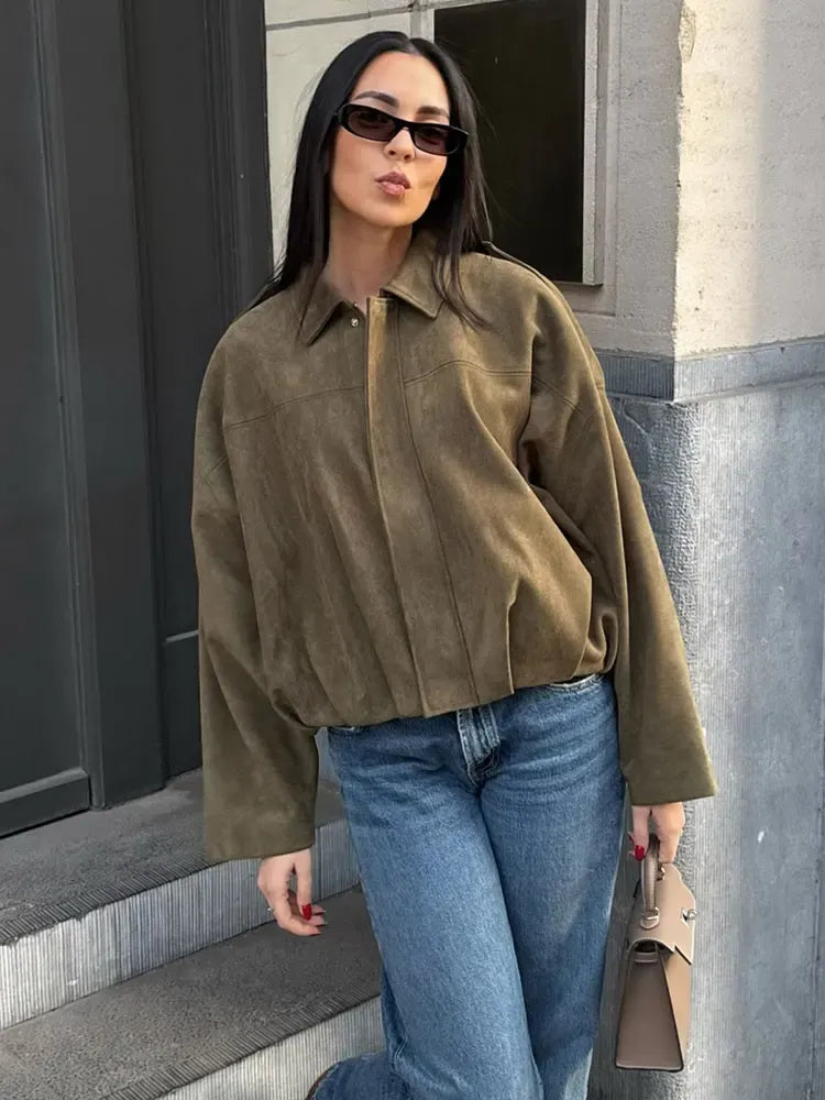 Stilla | Jakke Suede Look Relaxed Fit Skjortekrave Skjult Lukning