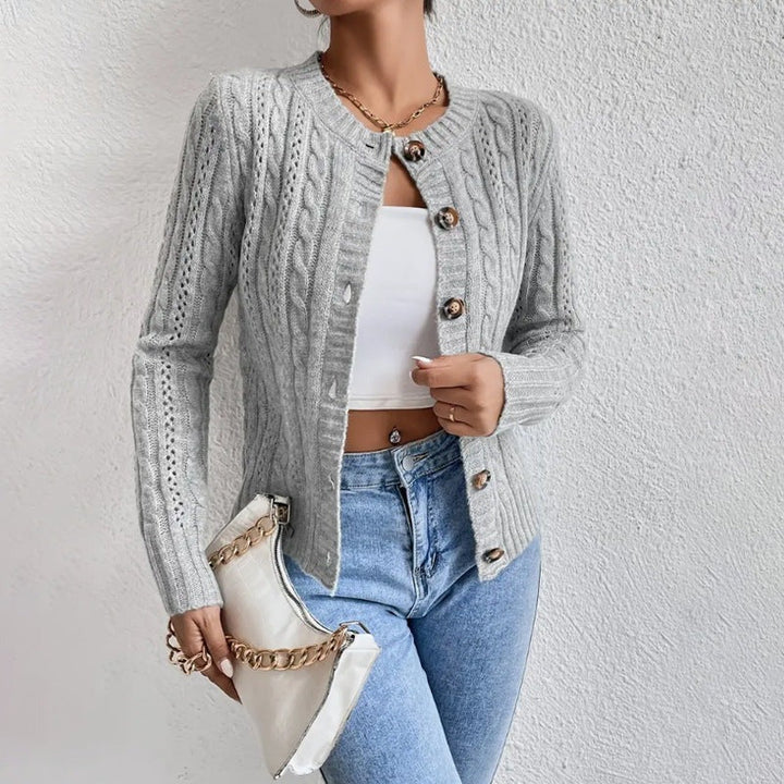 Stilla | Cardigan Tilpasset Uld-blanding Kabelstrik Knap-front Lange ærmer
