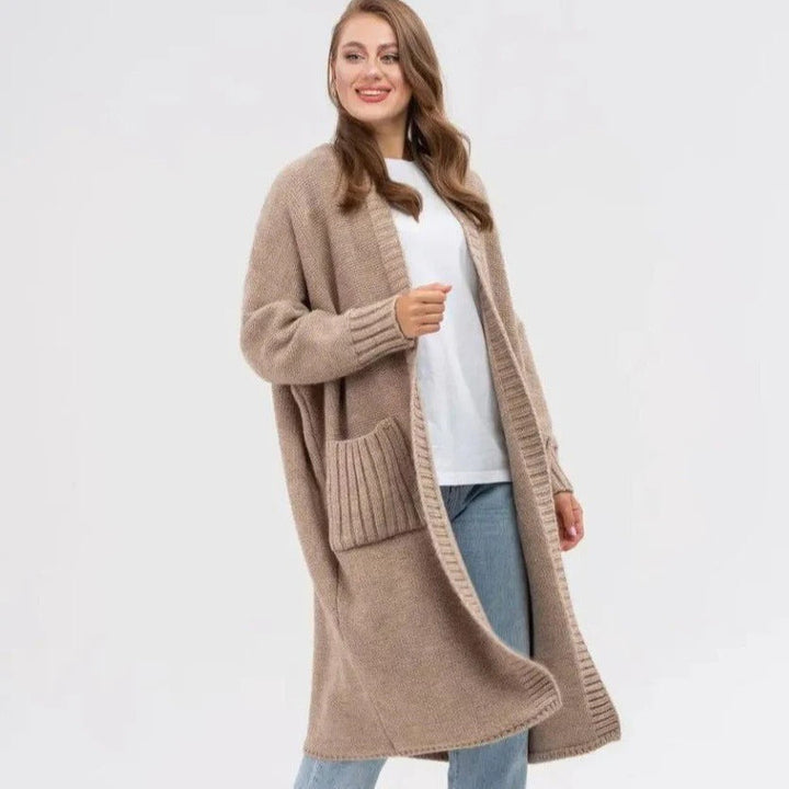 Stilla | Strikjakke Strikket Uldlook Plus Size Pasform Lang med Store Lommer