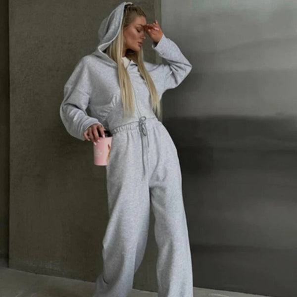 Stilla | Loungewear Sæt Zip-Up Hættetrøje Bred Bukser Blød Bomuldsblanding