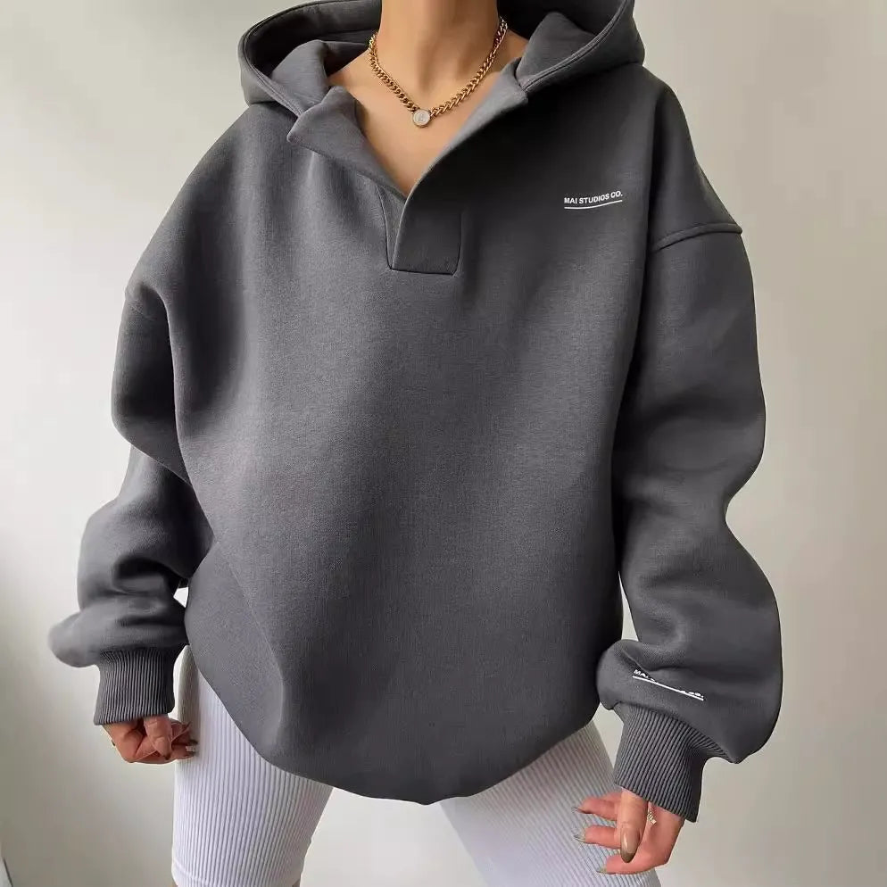 Stilla | Hættetrøje Oversize Pasform Fleece V-Udskæring Ribkanter