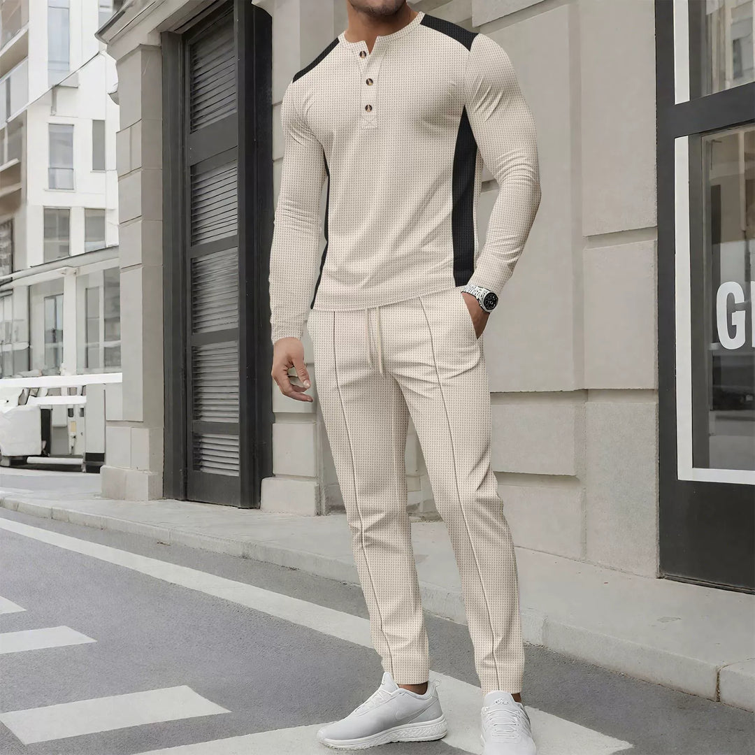 Stilla | Sæt med Henley Sweater og Bukser Slim Fit Vaffelstruktur Knapkrave