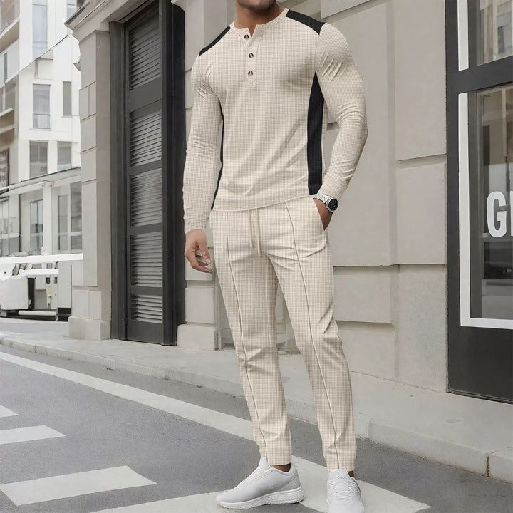Stilla | Sæt med Henley Sweater og Bukser Slim Fit Vaffelstruktur Knapkrave