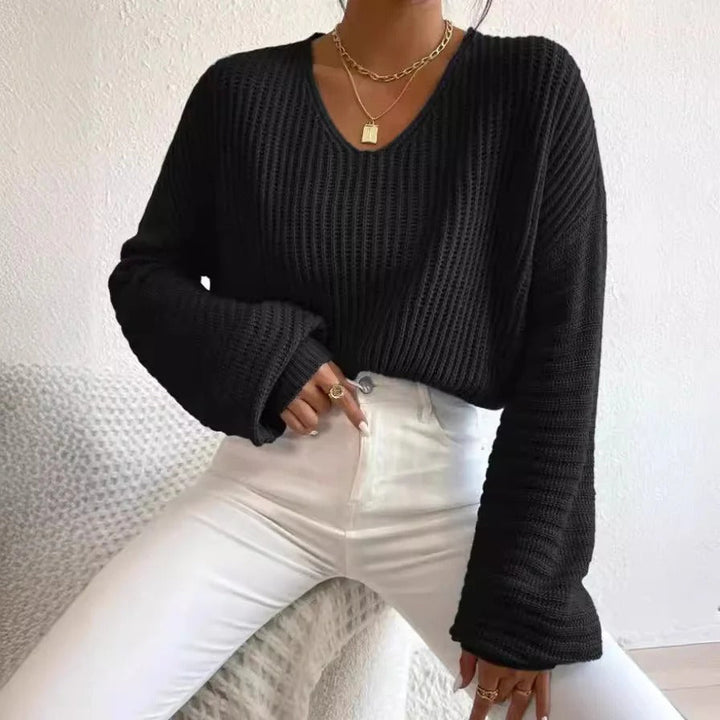 Stilla | K casual fit ribstrik bred V-udskæring lange ærmer