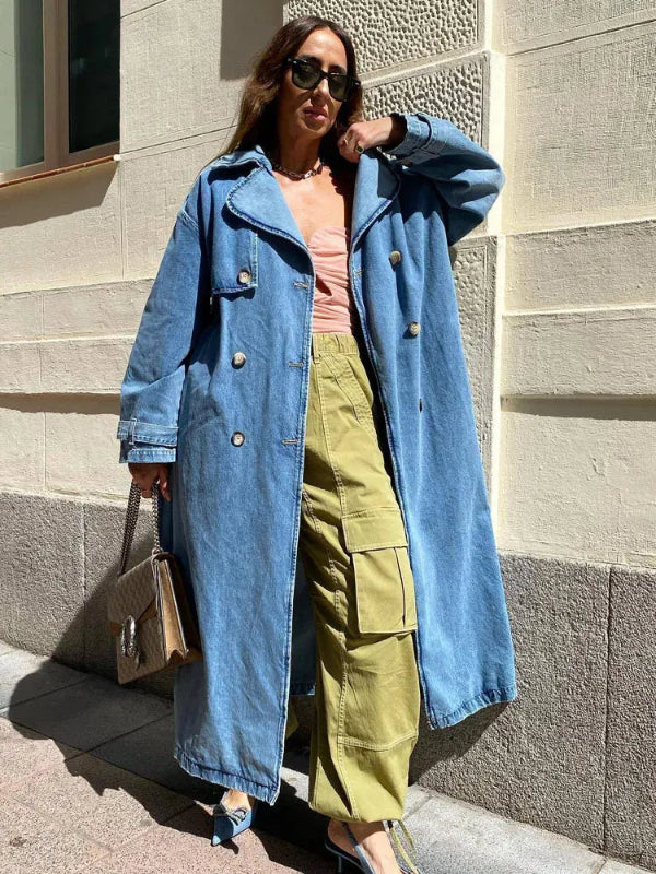 Stilla | Trenchcoat Oversized Fit Denimstruktur Fuld længde Knap front