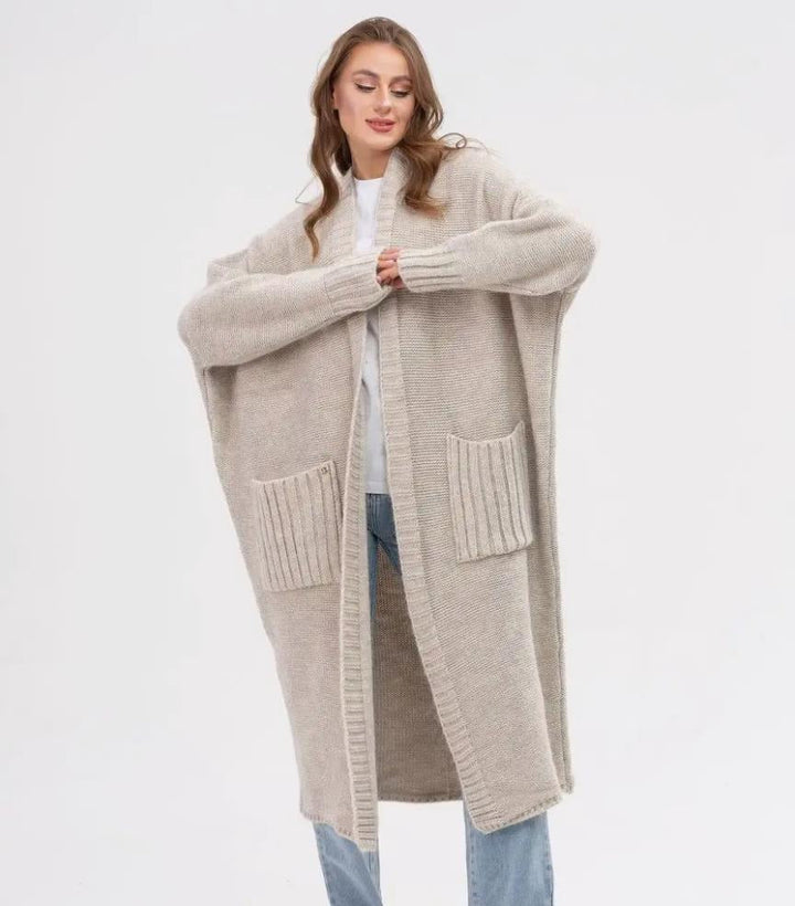Stilla | Strikjakke Strikket Uldlook Plus Size Pasform Lang med Store Lommer