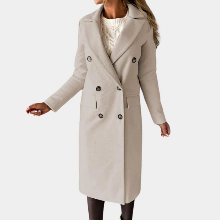 Stilla | Lang frakke Taljeret pasform Uldtekstur Dobbelt knapper Klassisk revers