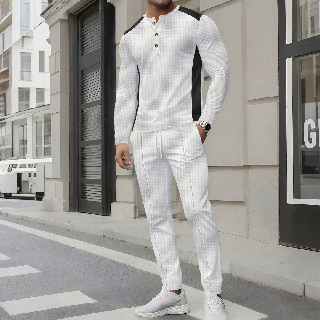 Stilla | Sæt med Henley Sweater og Bukser Slim Fit Vaffelstruktur Knapkrave