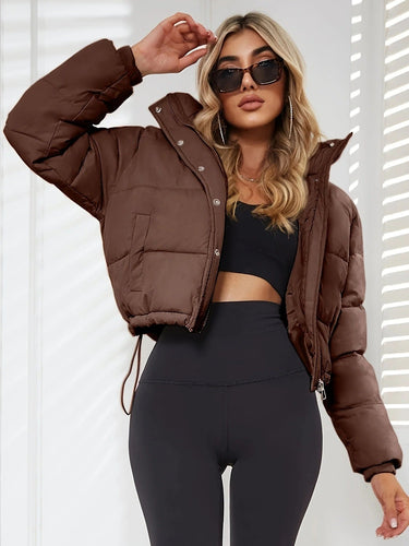 Stilla | Pufferjakke Cropped Oversized Fit Steppjakke med hætte og snoretræk i kanten