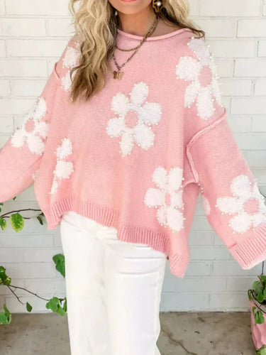 Stilla | Pullover Sweatshirt Oversize Fit Strikmønster Perleblomsterdekoration Rundhalset