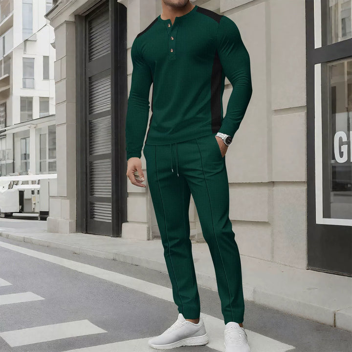 Stilla | Sæt med Henley Sweater og Bukser Slim Fit Vaffelstruktur Knapkrave