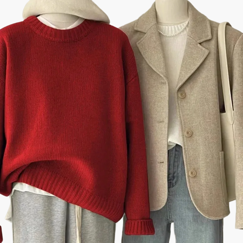 Stilla | Sæt Afslappet Retro Japansk Stil - Strikpullover og Blazer til Hverdag og Fritid