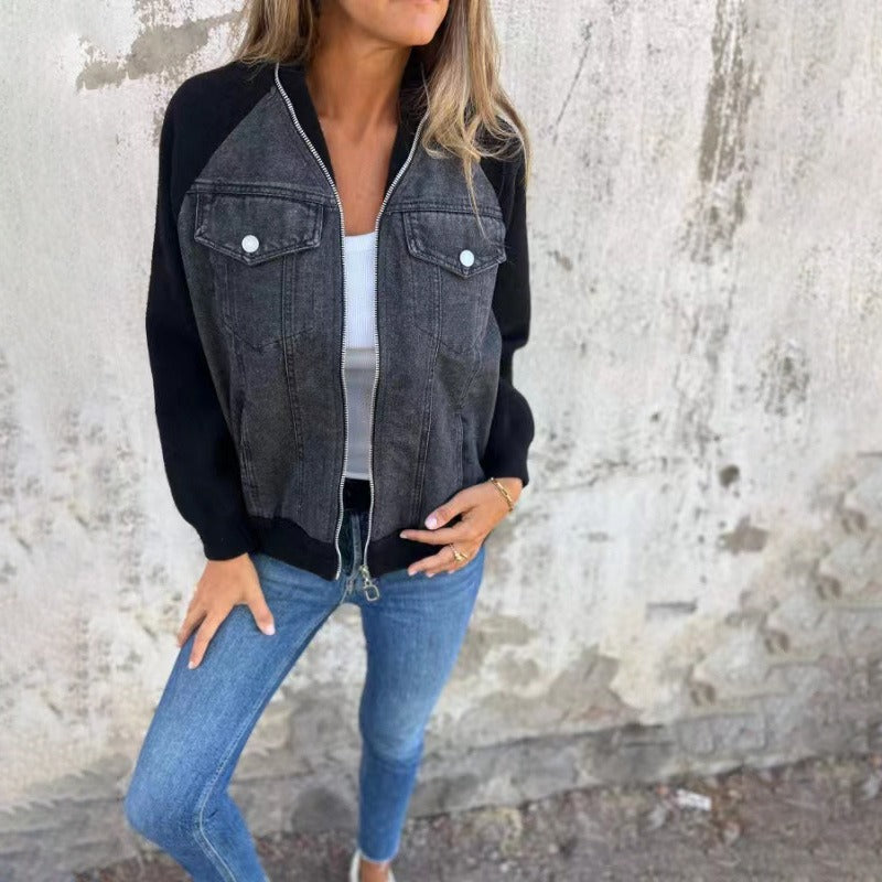 Stilla | I denim Løs pasform Patchwork design Lange ærmer Knaplukning