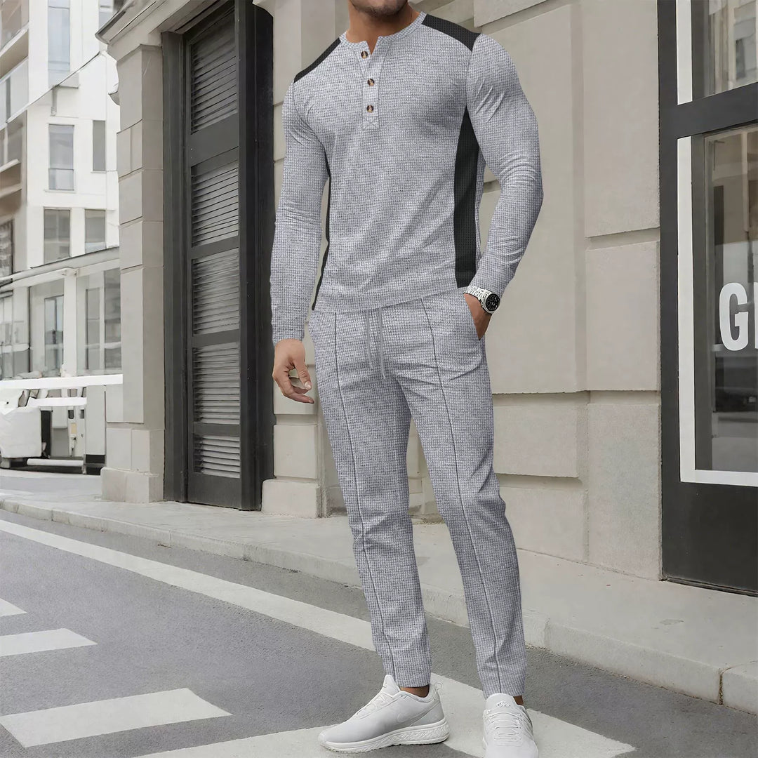 Stilla | Sæt med Henley Sweater og Bukser Slim Fit Vaffelstruktur Knapkrave
