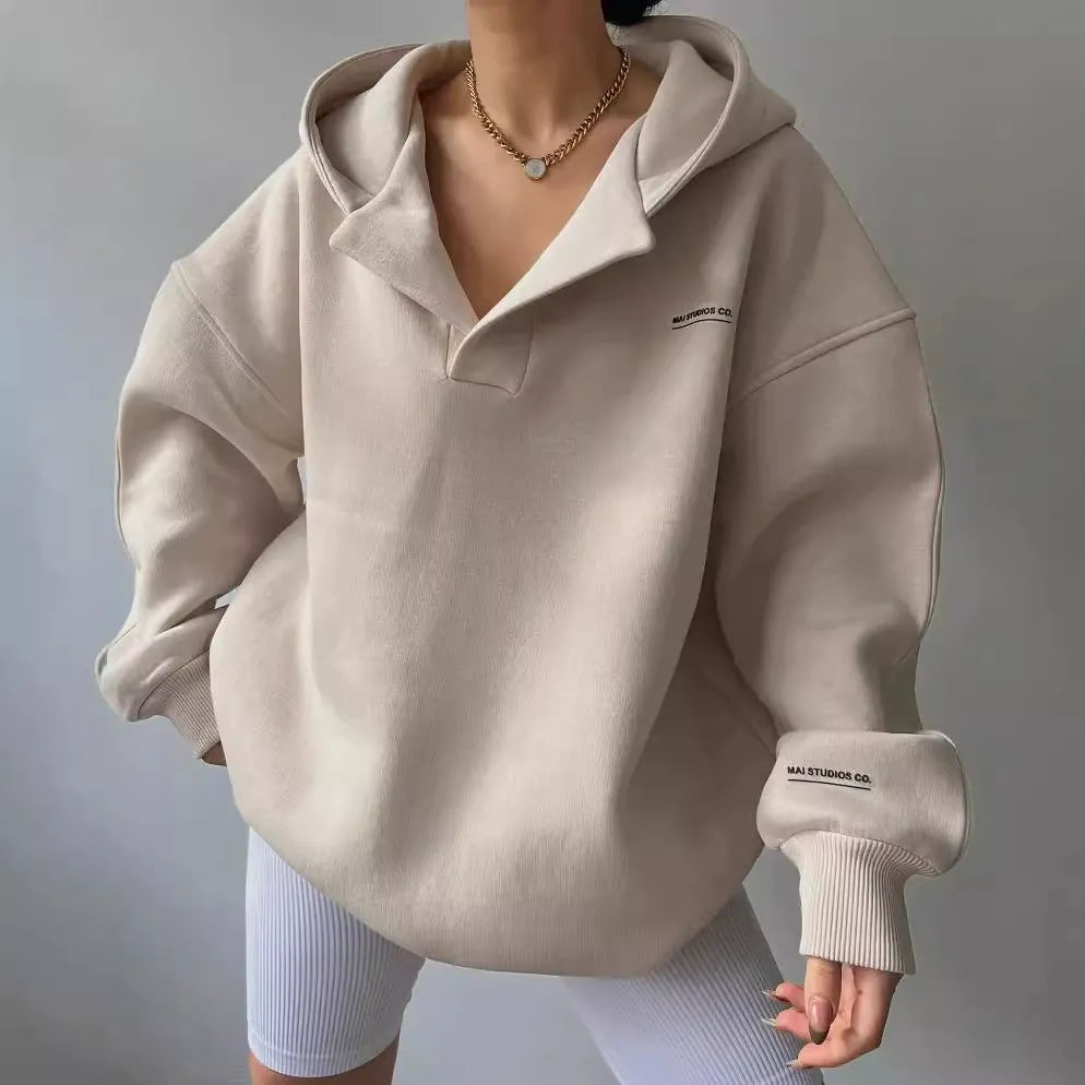 Stilla | Hættetrøje Oversize Pasform Fleece V-Udskæring Ribkanter