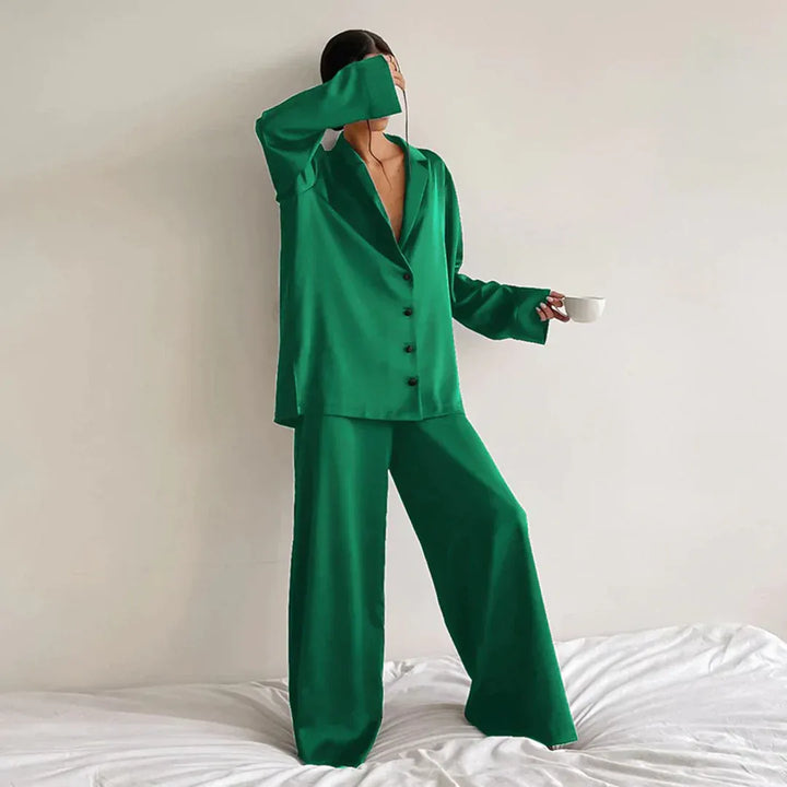 Stilla | Pyjamas Sæt Satin Løs Snit Skjorte Top Bred Bukser