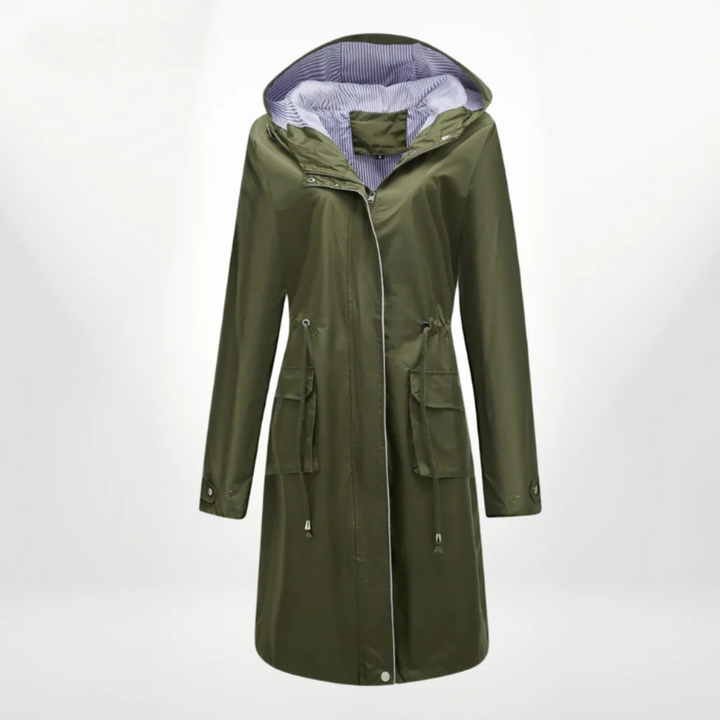 Stilla | Trenchcoat Slim Fit Snøre Kapuze knælang vandtæt materiale