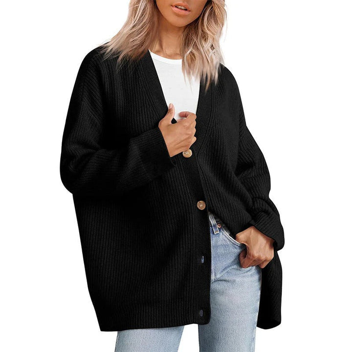 Stilla | Strikjakke Plus Size Fit Strikket Rib Struktur Knap V-Udskæring