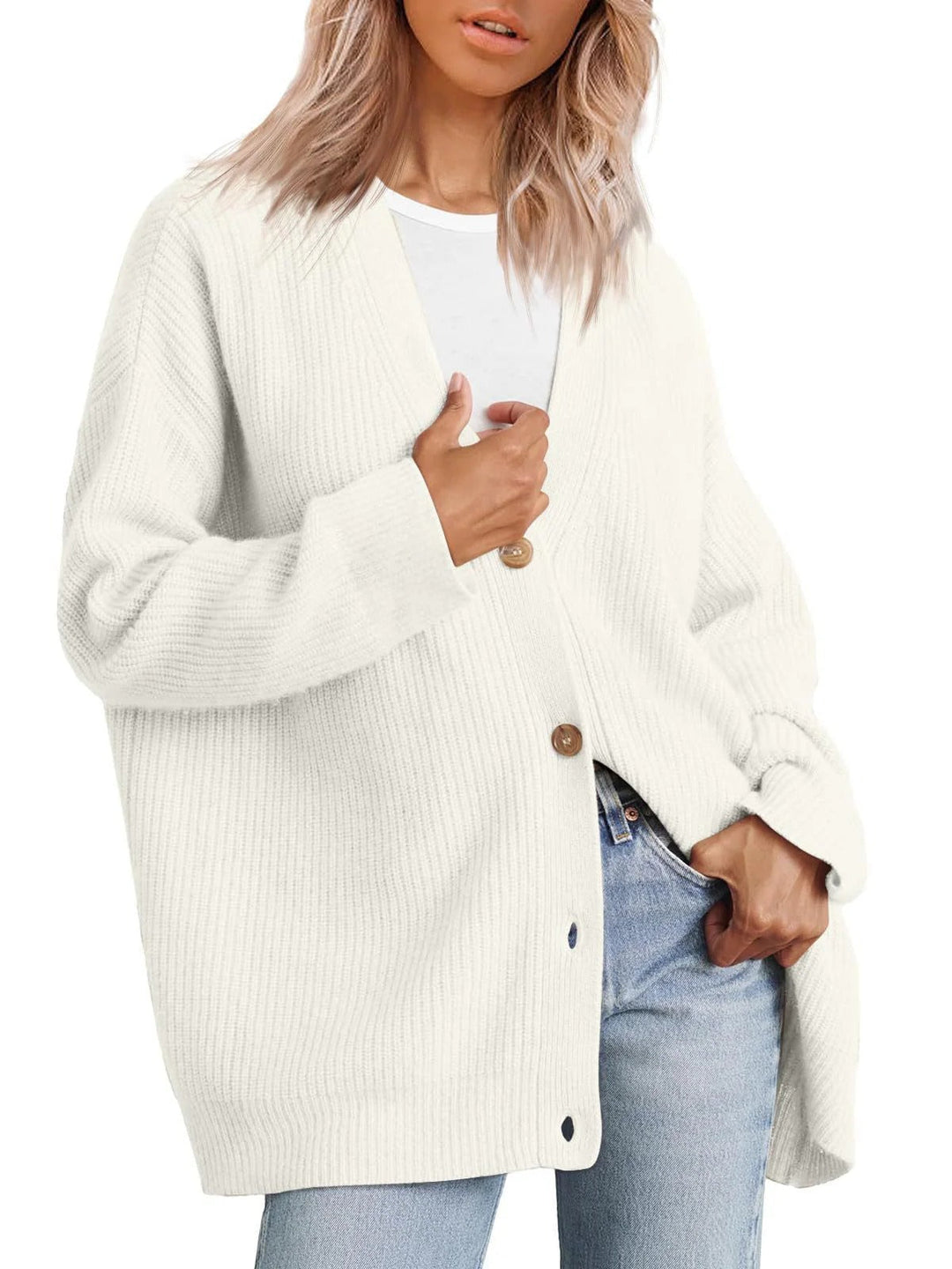 Stilla | Strikjakke Plus Size Fit Strikket Rib Struktur Knap V-Udskæring