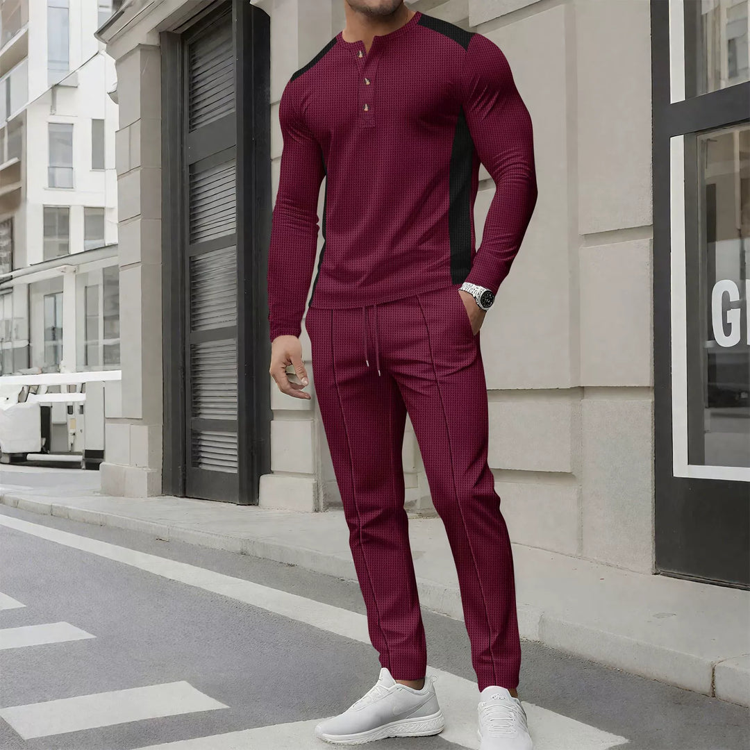 Stilla | Sæt med Henley Sweater og Bukser Slim Fit Vaffelstruktur Knapkrave