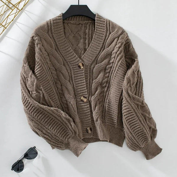 Stilla | Strikjakke Pullover Uld Strik V-Udsnit Kablestrik Knapper Foran Casual Pasform