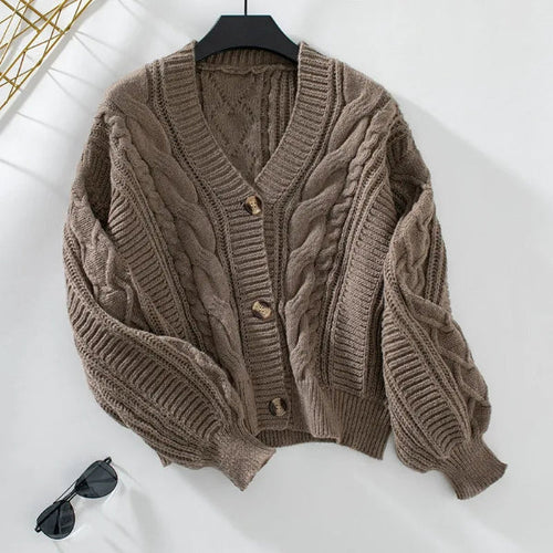 Stilla | Strikjakke Pullover Uld Strik V-Udsnit Kablestrik Knapper Foran Casual Pasform
