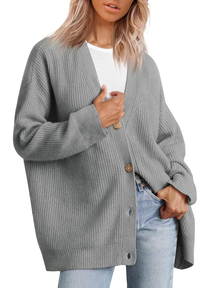 Stilla | Strikjakke Plus Size Fit Strikket Rib Struktur Knap V-Udskæring
