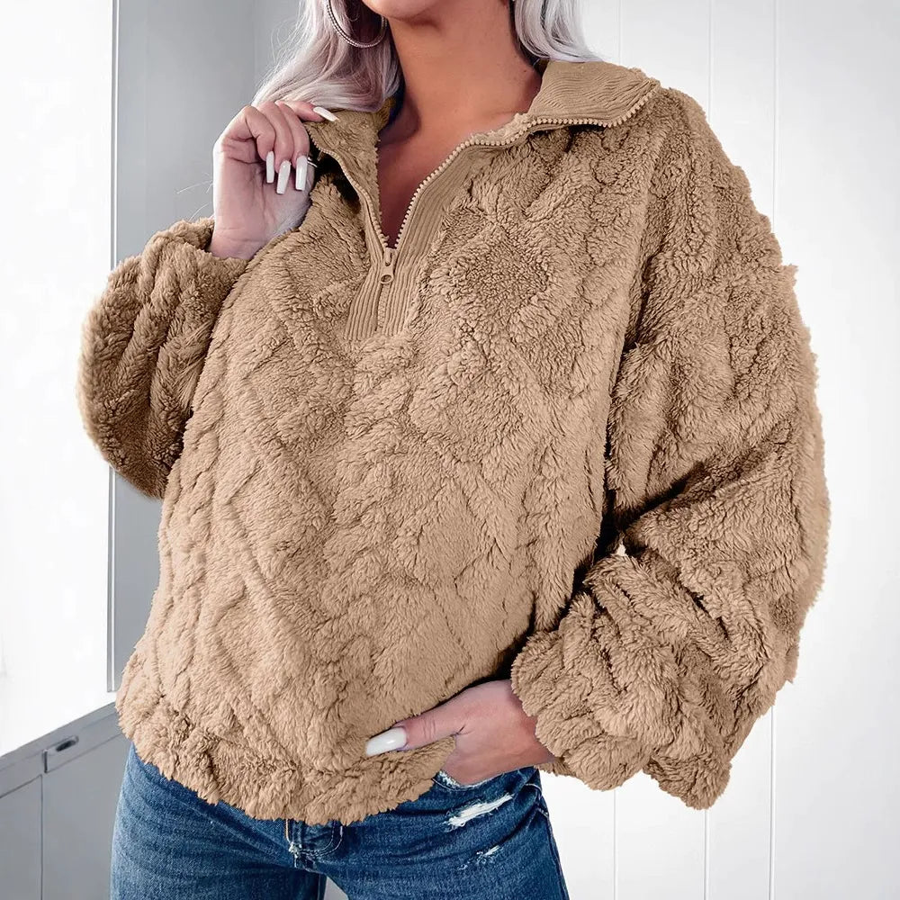 Stilla | Sweater Faux Fur Afslappet Pasform Steppet Struktur Halv Lynlås