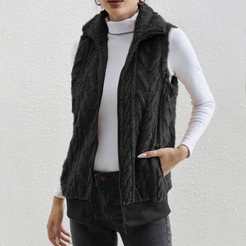 Stilla | Uden Ærmer Jacquard Fleece Lynlås Høj Krave Relaxed Pasform