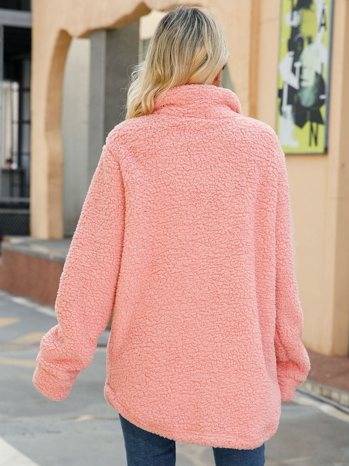 Stilla | Shacket Plus størrelse Sherpa Fleece Langsnit Knap Front Patch Lommer