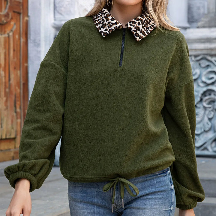 Stilla | Pullover Sweatshirt Fleece Løs Pasform Kunstpels Krave Lynlås Hals Snor Kvist