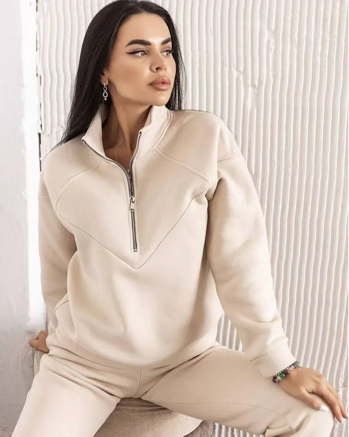 Stilla | Loungewear Sæt Fleece Løs Pasform Hoodie med Halv Lynlås Joggingbukser