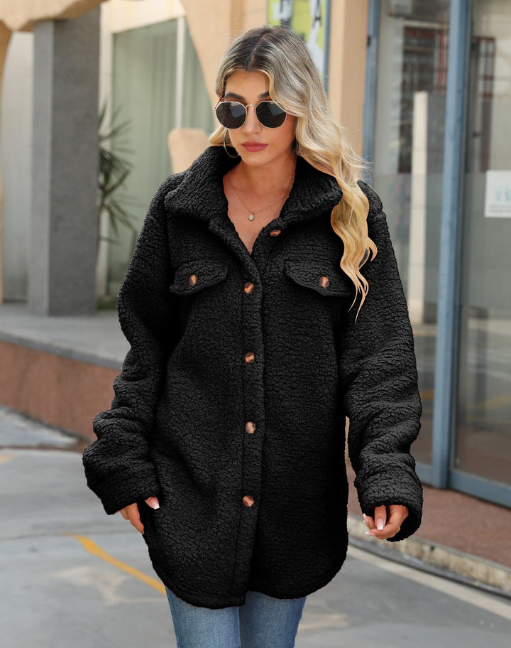 Stilla | Shacket Plus størrelse Sherpa Fleece Langsnit Knap Front Patch Lommer