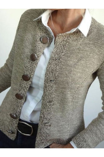 Stilla | Strikjakke Pullover Slim Fit Uldstrik Krageløs Lange Ærmer Knaplukning