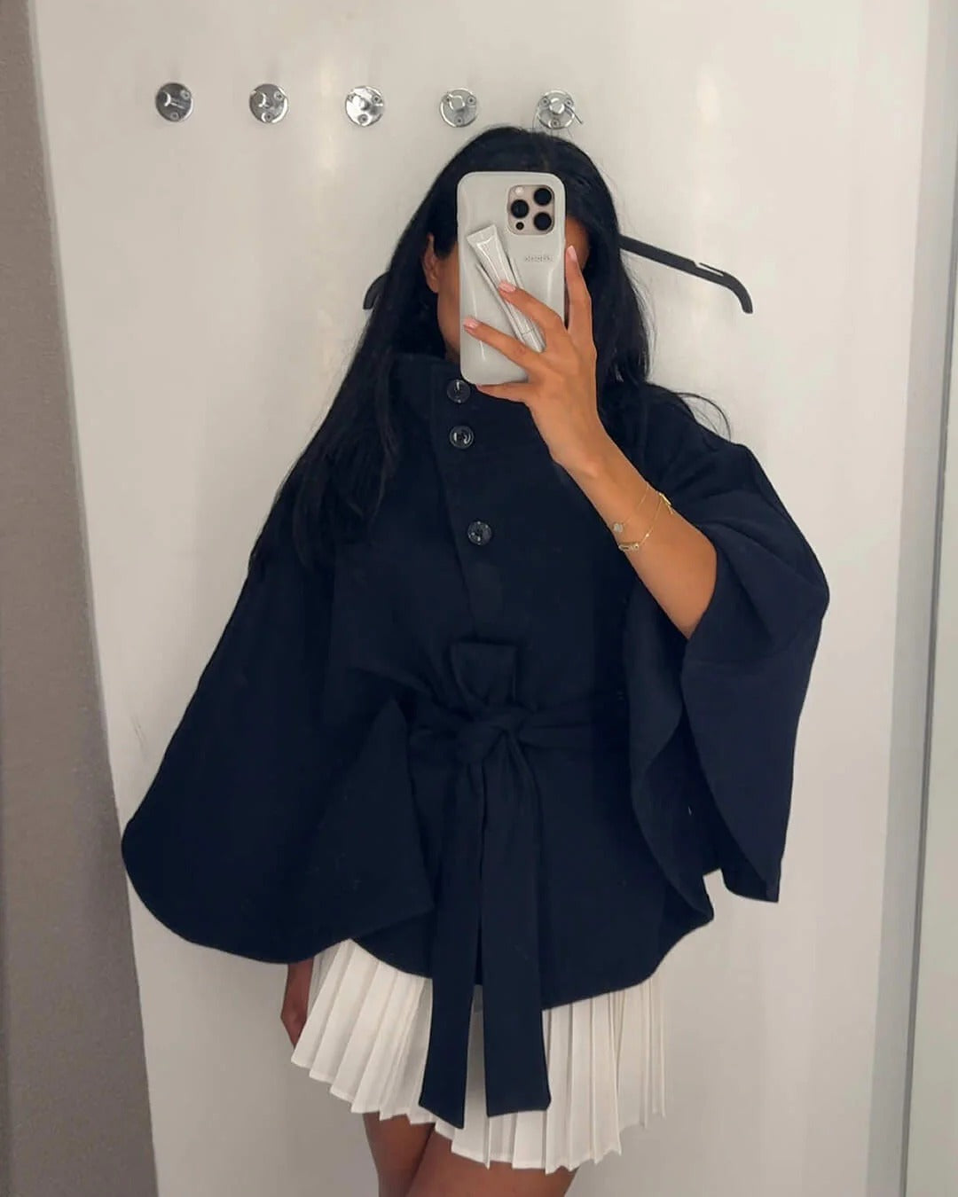 Stilla | Høj krave Bælte tasker Cape Jakke Knap Crossbody frakke
