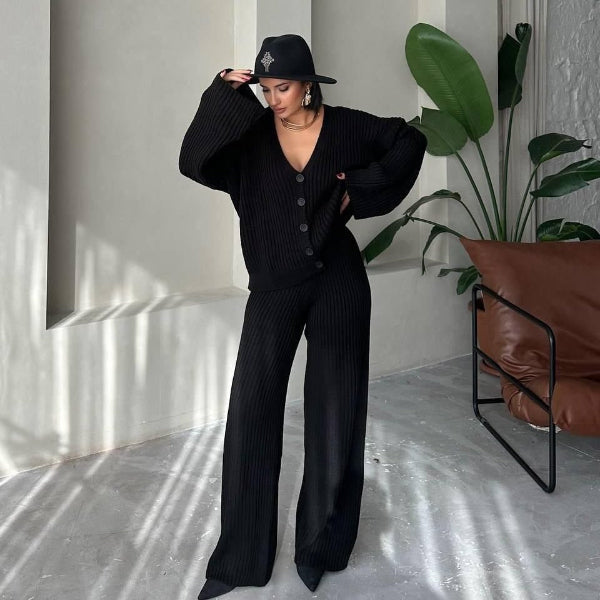Stilla | Loungewear Sæt Strikket Ribstruktur Oversize Pasform Bredde Ærmer