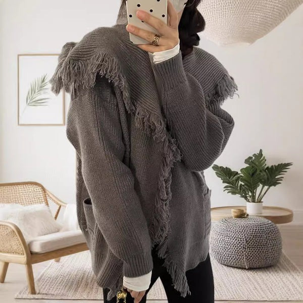 Stilla | Strikjakke Strikket materiale Plus size pasform Frynse kanter Åben front