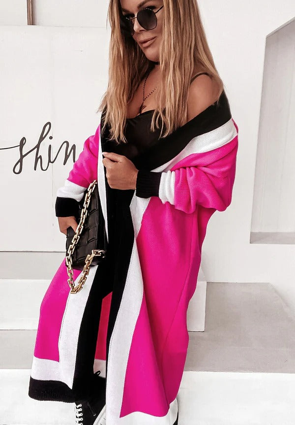 Stilla | Frakke Strikdesign Oversized Fit Åben Front Fuld Længde Bred Krave