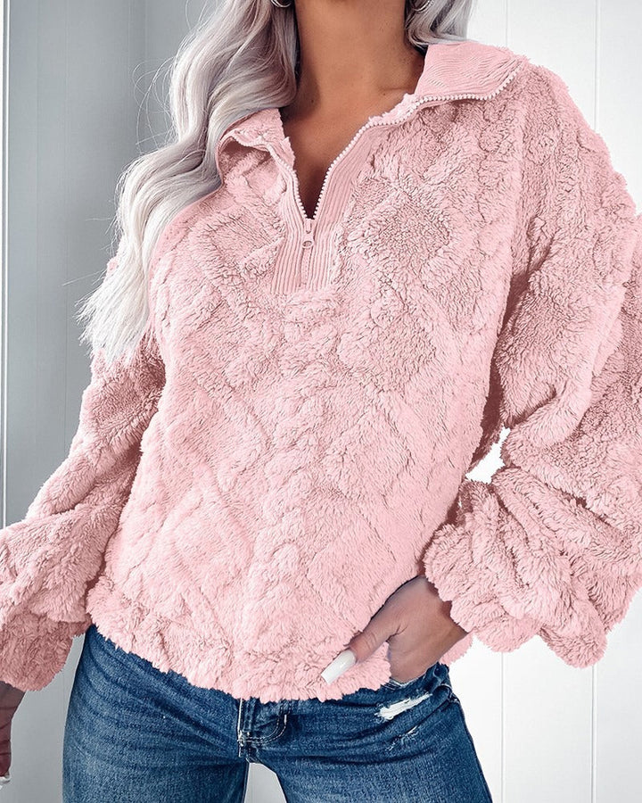Stilla | Sweater Faux Fur Afslappet Pasform Steppet Struktur Halv Lynlås
