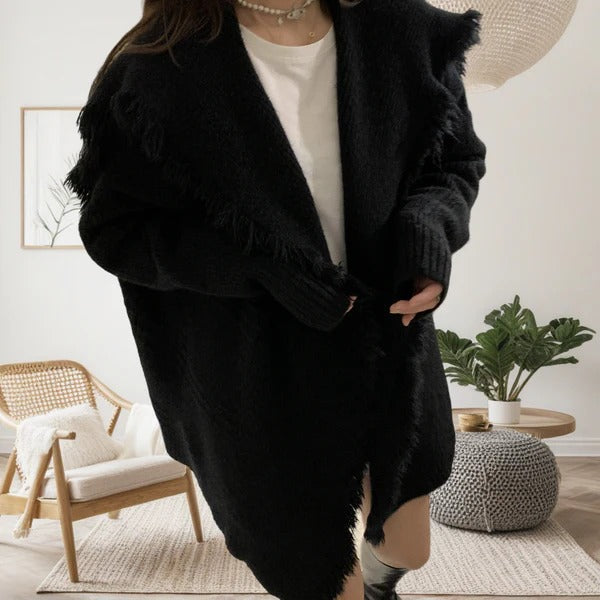 Stilla | Strikjakke Strikket materiale Plus size pasform Frynse kanter Åben front