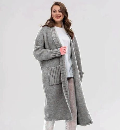 Stilla | Strikjakke Strikket Uldlook Plus Size Pasform Lang med Store Lommer