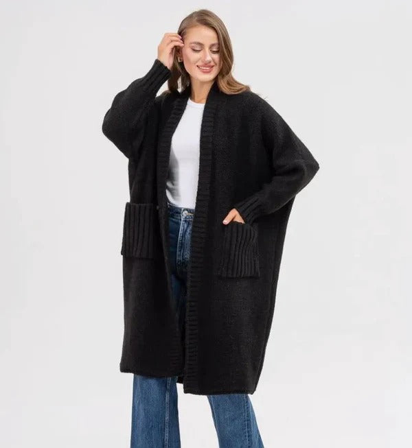Stilla | Strikjakke Strikket Uldlook Plus Size Pasform Lang med Store Lommer