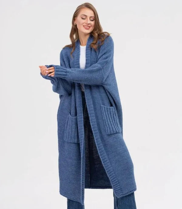 Stilla | Strikjakke Strikket Uldlook Plus Size Pasform Lang med Store Lommer