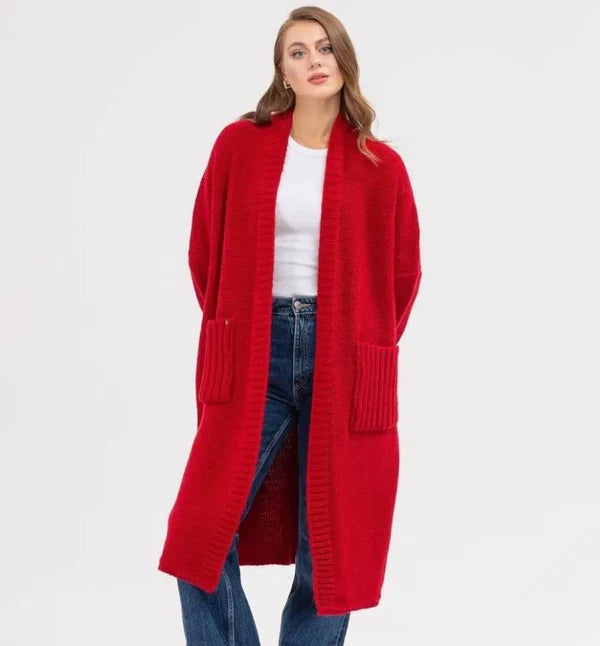 Stilla | Strikjakke Strikket Uldlook Plus Size Pasform Lang med Store Lommer