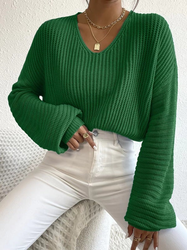 Stilla | K casual fit ribstrik bred V-udskæring lange ærmer