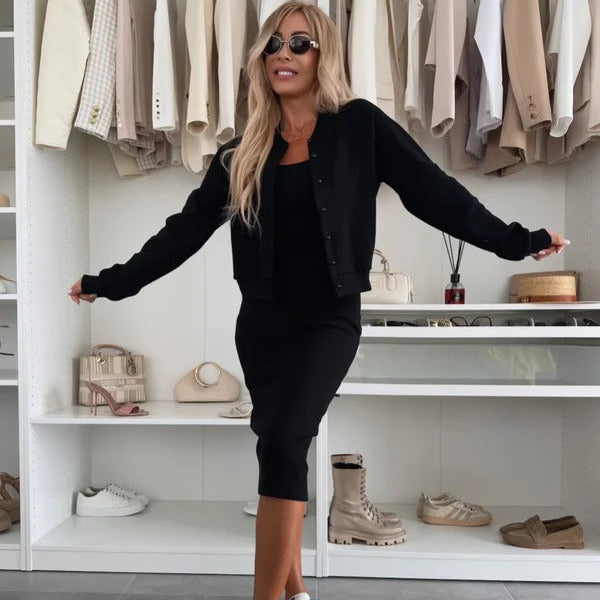 Stilla | Strik sæt Smal pasform Strikjakke med knapper ærmeløs Bodycon kjole