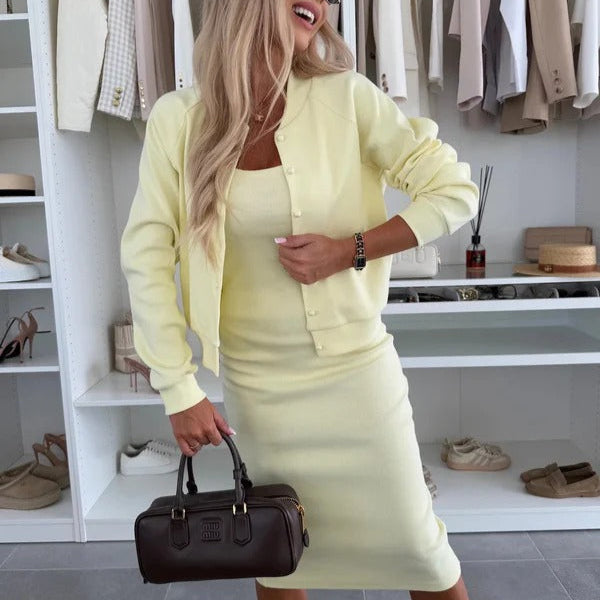 Stilla | Strik sæt Smal pasform Strikjakke med knapper ærmeløs Bodycon kjole